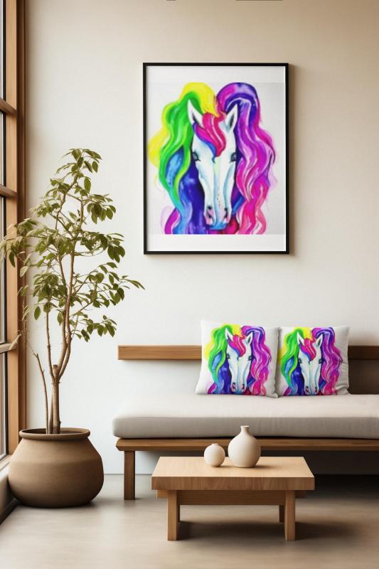 Wandbild und Kissen mit Pferd mit Regenbogen Mähne